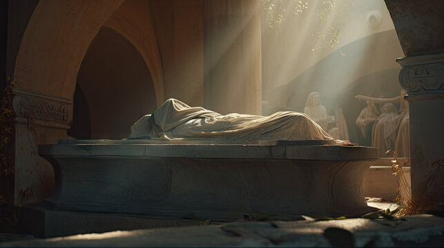 Biblical Illustration of a body wrapped in a shroud laying in a wealthy tomb - Generative AI Illustrations
