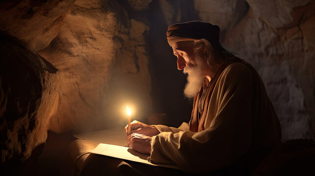 Biblical Illustration - An older man perhaps a scribe or prophet writes while in a cave - Generative AI Illustrations