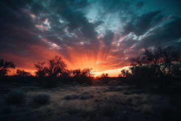 Photorealistic ai artwork of a beautiful and dramatic sunrise or sunset in the desert environment. Generative ai.
