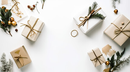 Christmas gifts on white background top view, Flat lay. - Christmas, gifts, presents, top view, flat lay. - bows, boxes, surprises, joy, celebration, festive, holidays, seasonal