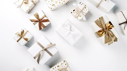 Fototapeta na wymiar Christmas gifts on white background top view, Flat lay. - Christmas, gifts, presents, top view, flat lay. - bows, boxes, surprises, joy, celebration, festive, holidays, seasonal