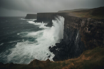 Obraz premium Photorealistic ai artwork of an aerial view of large waves crashing on rocks and cliffs during a storm. Generative ai.