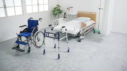介護用品の置かれた部屋　介護ベッド　車椅子　歩行器 - obrazy, fototapety, plakaty