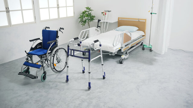 介護用品の置かれた部屋　介護ベッド　車椅子　歩行器
