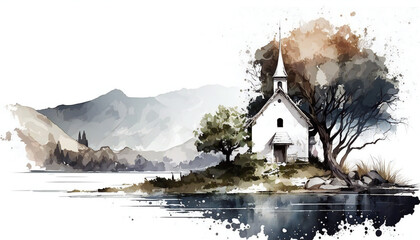 church on an island in the middle of a lake, isolated on white background - watercolor style illustration background by Generative Ai