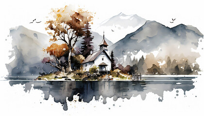 church on an island in the middle of a lake, isolated on white background - watercolor style illustration background by Generative Ai
