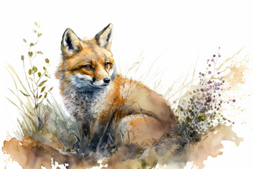 Generative AI. Red fox forest animal. Watercolor illustration. Wild cute hunting fox. Wildlife furry animal with red fur and black paws.