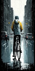 city cyclist in rain, concept of Urban cycling and Inclement weather, created with Generative AI technology