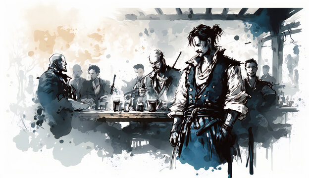 Pirates in salon, isolated on white background - watercolor style illustration background by Generative Ai