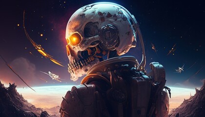 Obraz na płótnie Canvas skull astronaut galaxy guardian, digital art illustration, Generative AI