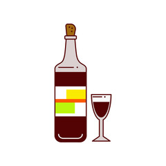 Bottle and glass of red wine on white background