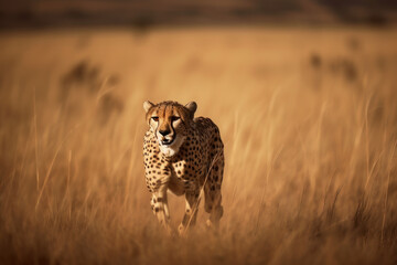 Naklejka premium Guépard à l'affût dans les hautes herbes de la savane africaine