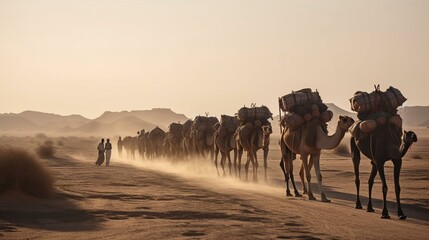 A caravan of camels carrying goods and supplies across a vast and endless desert, with nothing but sand and sky in every direction Generative AI - obrazy, fototapety, plakaty