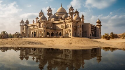 Obraz premium A colorful and ornate palace rising out of the desert sands, with intricate domes and towers and a sparkling reflecting pool Generative AI