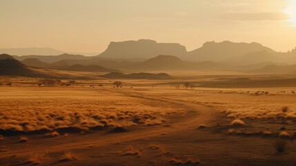 Fototapeta na wymiar A vast desert landscape with a towering mountain range in the distance, bathed in the warm light of a rising sun Generative AI