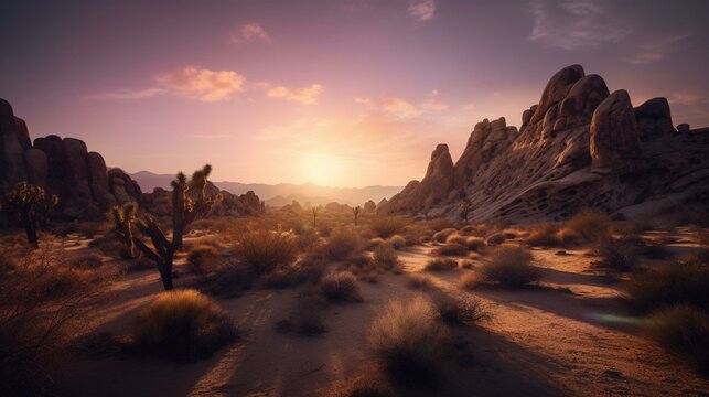 A dramatic and otherworldly desert landscape with towering rock formations and a glowing purple sky Generative AI