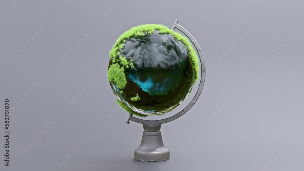 Poster earth globe full of grass on rotating platform on gray background. animation revolves around itself 