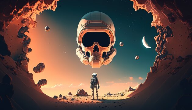 interdimensional skull astronaut explorer, digital art illustration, Generative AI