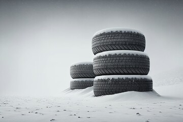 Fototapeta na wymiar Stack of tires on snow on a white background. Generative AI