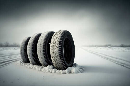Stack of four tires on snowy winter road. Generative AI