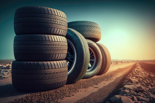 Stack of tires in a stack on a asphalt road. Sunny day. Generative AI