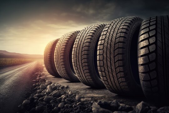 Stack of five tires in a stack on a asphalt road. Sunny day. Generative AI