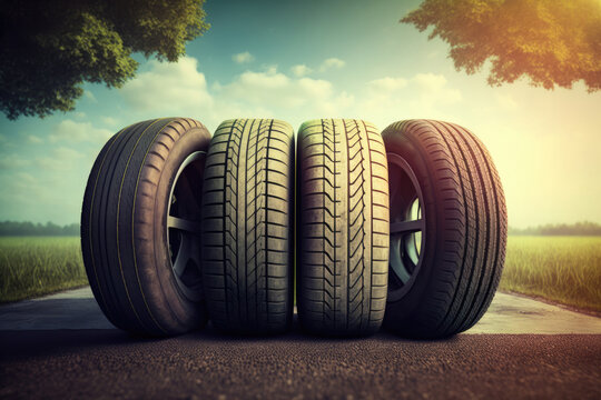 Stack of four tires in a stack on a asphalt road. Sunny day. Generative AI