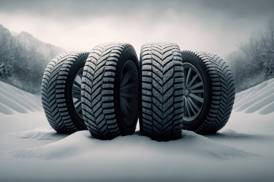 Stack of four tires on snow on a dark background. Generative AI