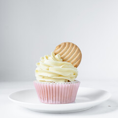 Pink cupcakes with tall american buttercream swirl and cookie garnish, cupcakes in pink liners with a tall vanilla buttercream and a cookie, birthday cupcakes on a white background