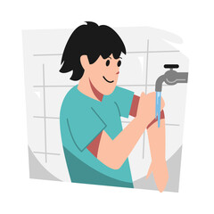 little boy doing ablution. wudu. clean hands. before worship, praying. flat vector illustration.