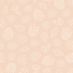 Seamless pattern of hand-drawn raspberry berries and flowers. Light and gentle outline vector illustration.