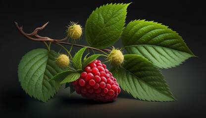 Raspberry with leaves isolated on dark background