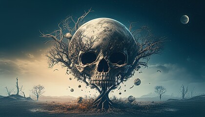 necrotic skull planet, digital art illustration, Generative AI