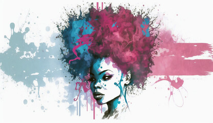 black woman with blue and pink afro isolated on white background - watercolor style illustration background by Generative Ai
