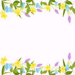 Design a beautiful frame of spring flowers. For a postcard, banner, poster, invitation. Place to insert text. Vector illustration.