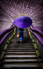 A Japanese girl holding a violet umbrella climbing the steps of an ancient staircase in Kyoto, Japan - generative ai