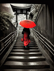A Japanese girl holding a red umbrella climbing the steps of an ancient staircase in Kyoto, Japan - generative AI