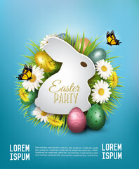 Holiday easter party flyer with easter eggs, spring flowers, grass  and paper rabbit. Vector. - 583703640