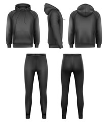 Blank black hoodies and  black leggings mockup, front and back and side view. Vector - 583703643