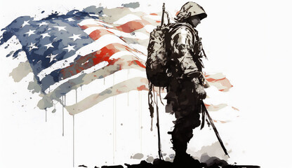 American flag with woman, patreoism, isolated on white background - watercolor style illustration background by Generative Ai