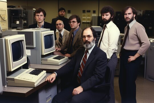 Retro vintage photography of teamwork of IT specialist back in the 80s. Generative AI