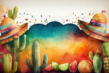 Watercolor colorful illustration with Mexican traditional style. Copy space for text. Generative AI illustration
