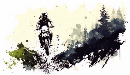 Motorcycle drives through terrain isolated on white background - watercolor style illustration background by Generative Ai