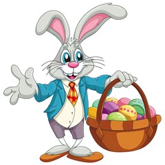 A cartoon picture of the Easter bunny in a suit holding an easter basket full of colored eggs - generative ai
