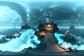 a lighthouse on top of a mountain, grass, degrade in the background, with dense clouds, rough sea, rays, Generative AI