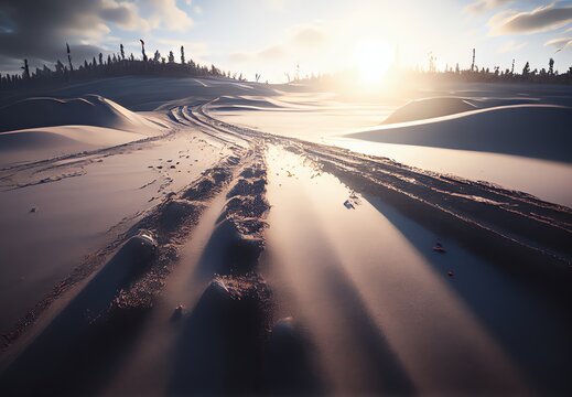 tire tracks in the snow, sunrise in the snow, snowmobile tracks, generative ai