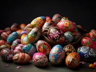 Fototapeta na wymiar Traditionally coloured Easter eggs on a plane background