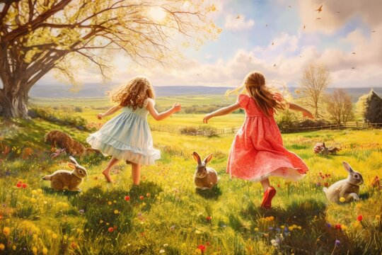 Kids running in the sunlit forest surrounded by Easter rabbits