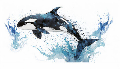 Killer whale orca jumping out of water, isolated on white background - watercolor style illustration background by Generative Ai