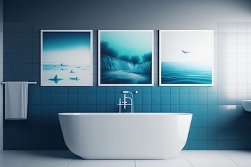 Blue themed bathroom, blue tiles and three posters above. Generative AI